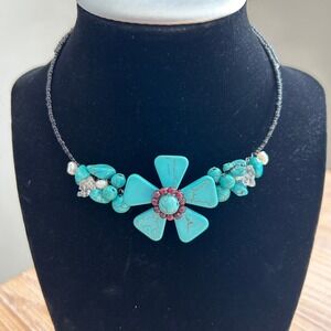 Faux Turquoise Flower Beaded Choker Necklace Boho Statement Gemstone